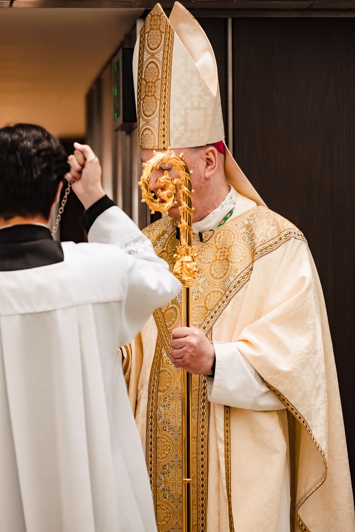 The bishop incensed at the procession of a Catholic wedding at Christ Cathedral, Garden Grove