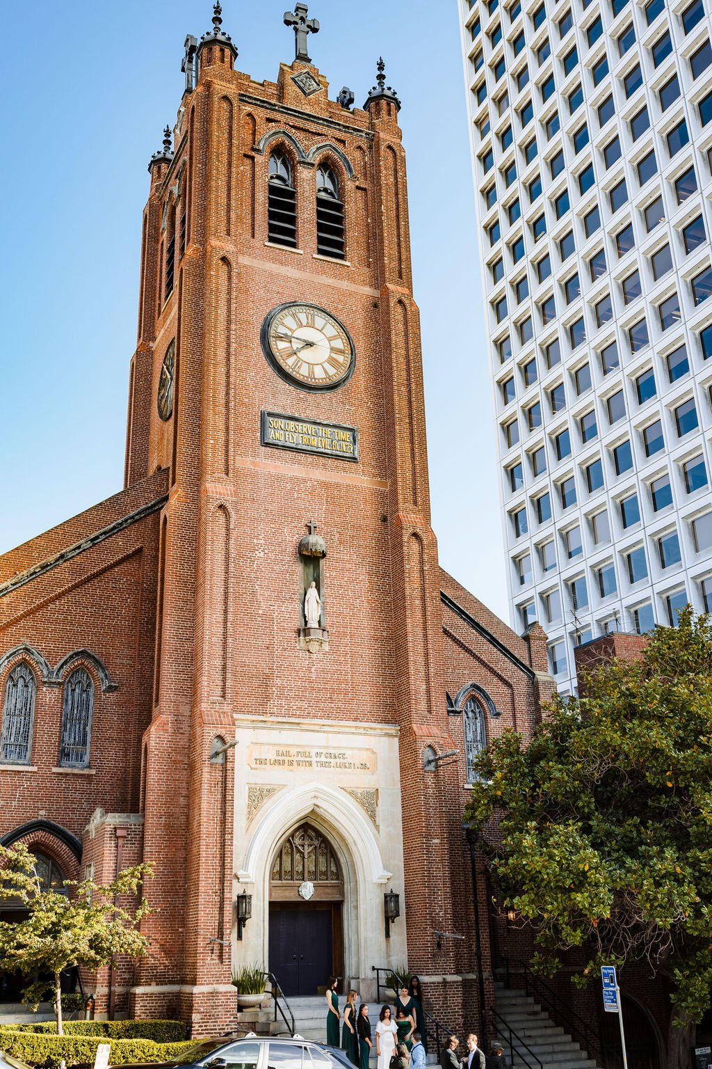 The brick clock tower of Old St. Mary's Cathedral on California Street in San Francisco