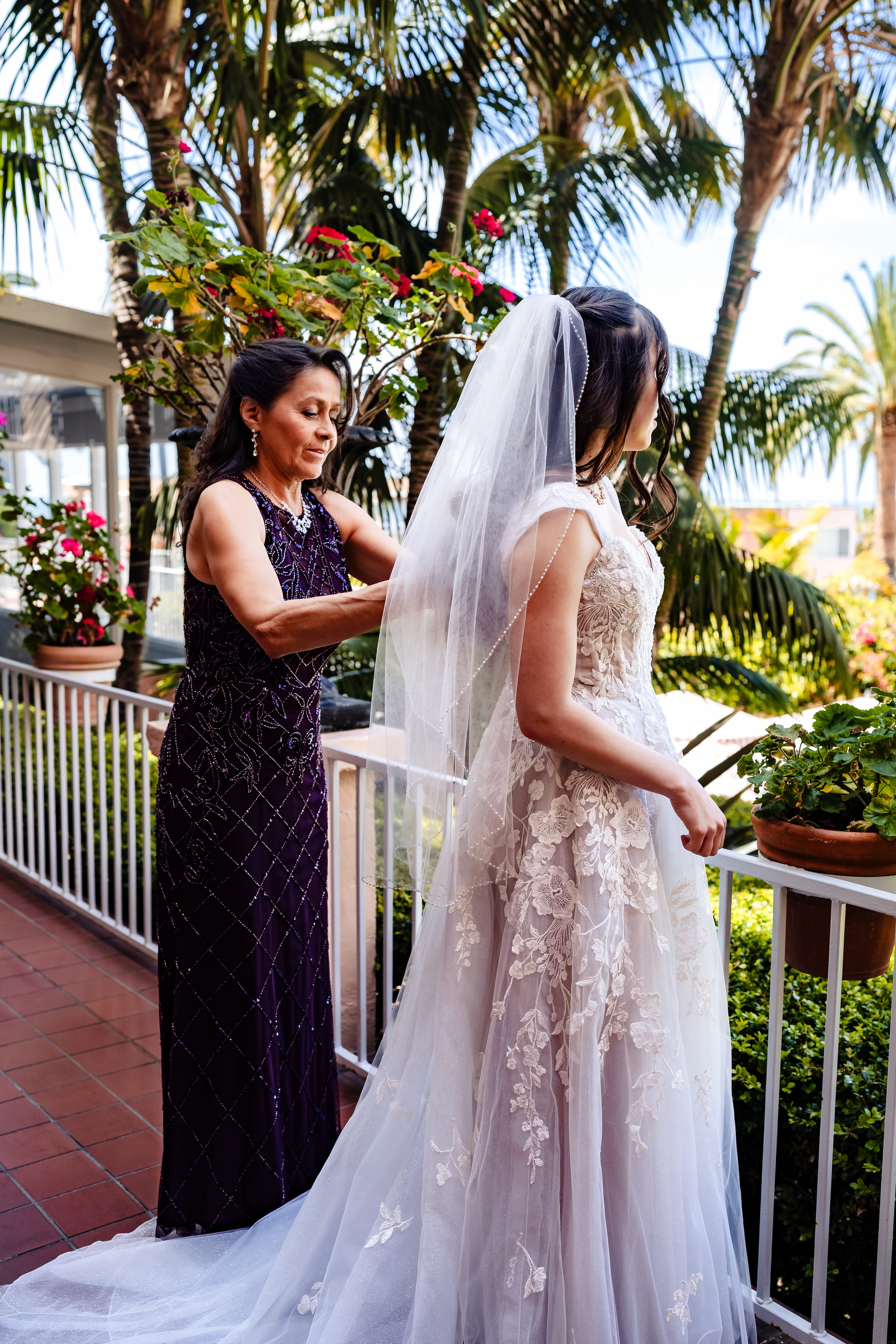 Bride preparing before her Catholic wedding at St Mary's Star of the Sea, La Jolla