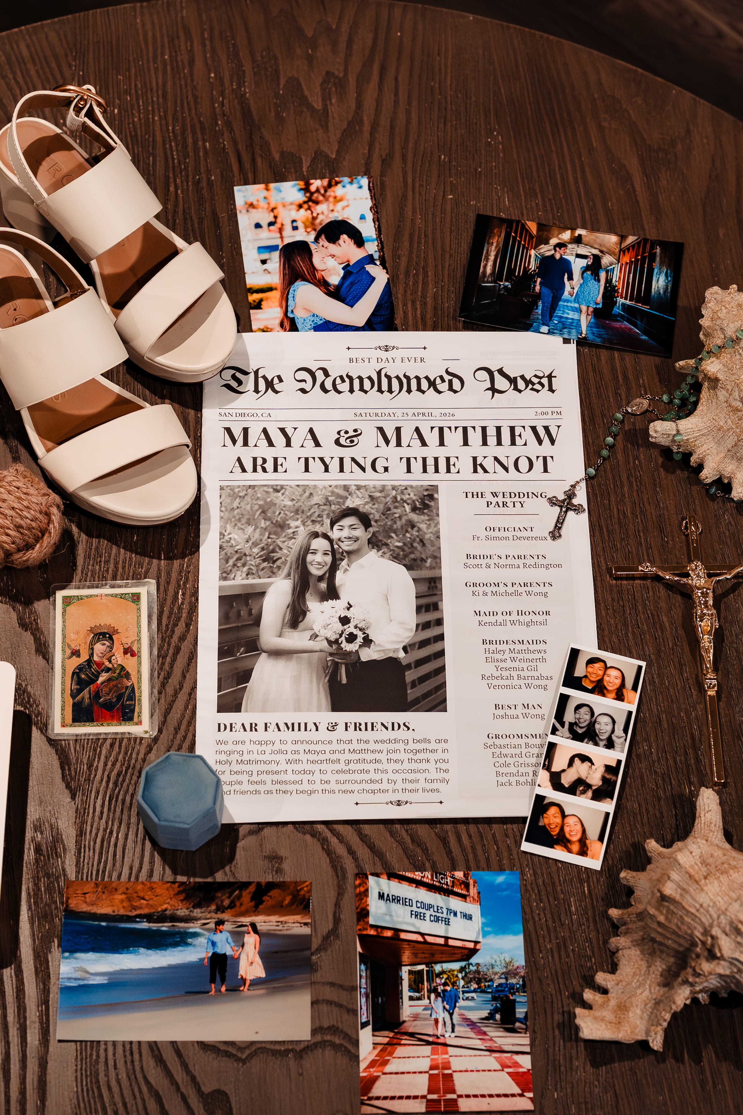 Wedding dress and details before the nuptial Mass in La Jolla