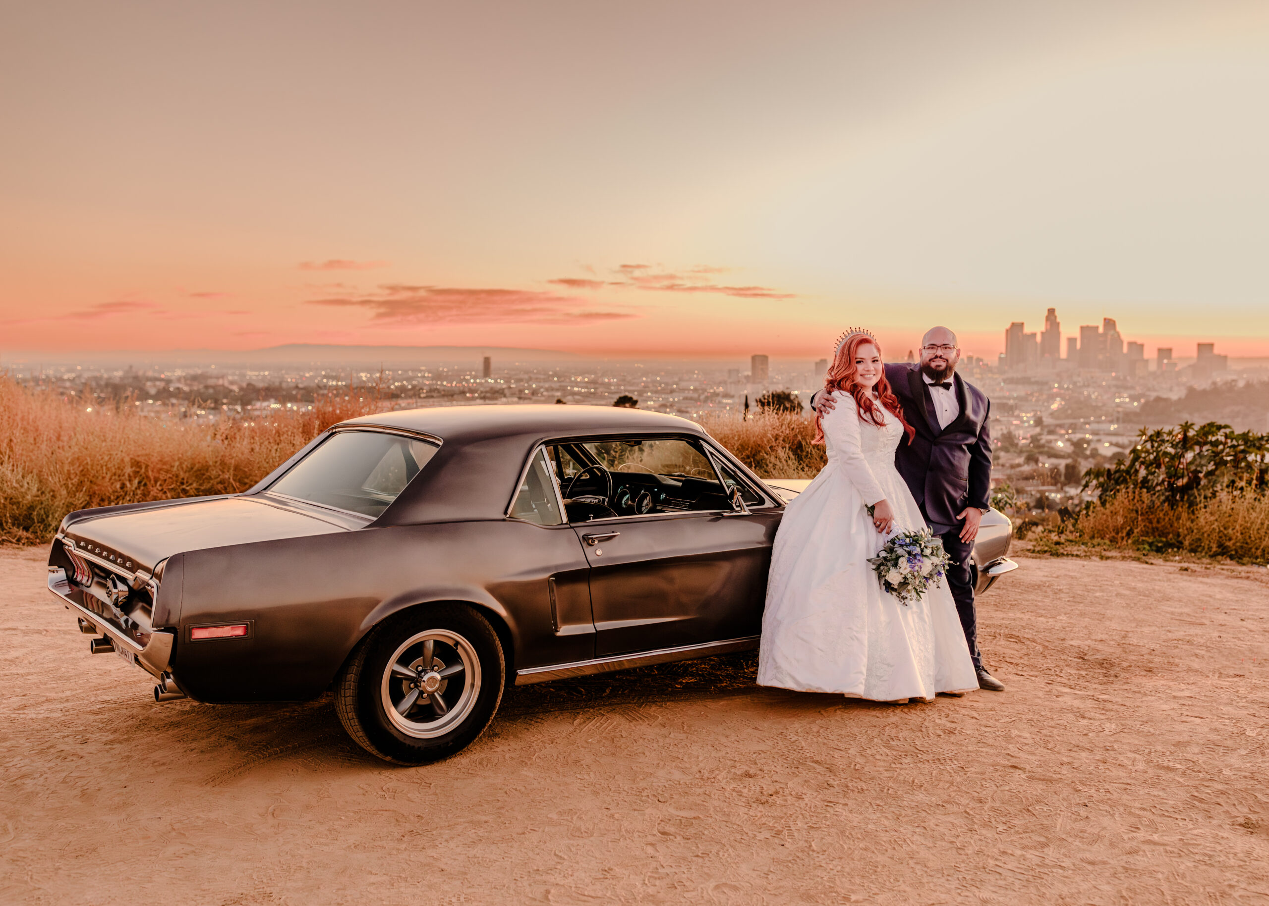 Wedding Portrait at sunset over looking Los Angeles, Ca