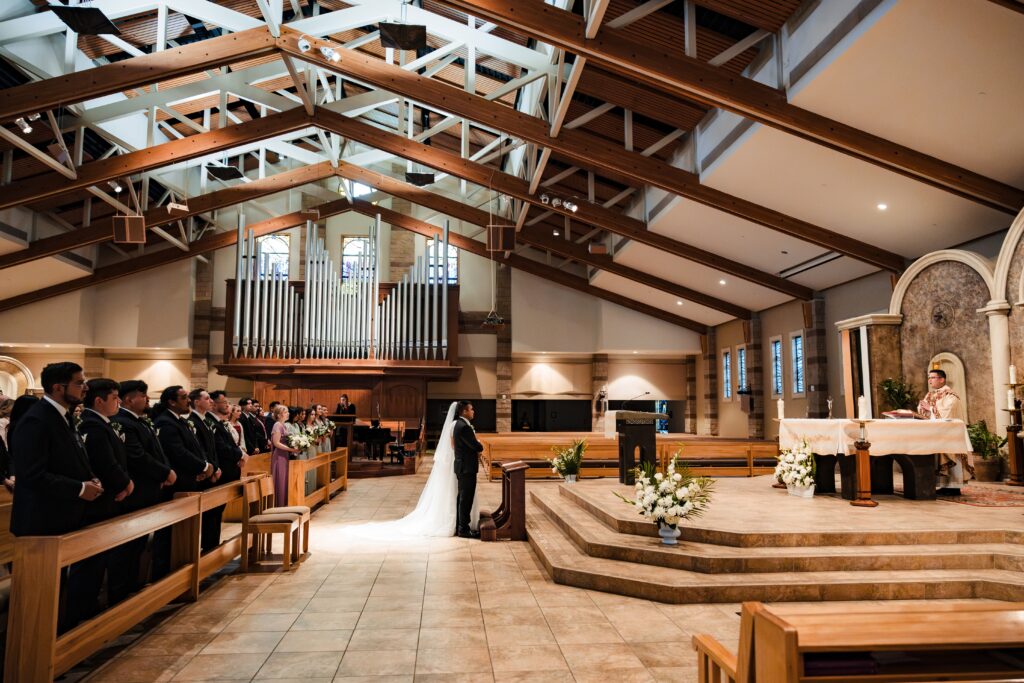 Interior of St. Martha's Catholic Parish in Murrieta, CA before a wedding ceremony.