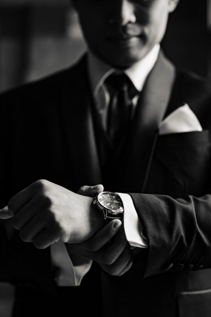 groom before wedding mass at st Martha's parish in murrieta Ca